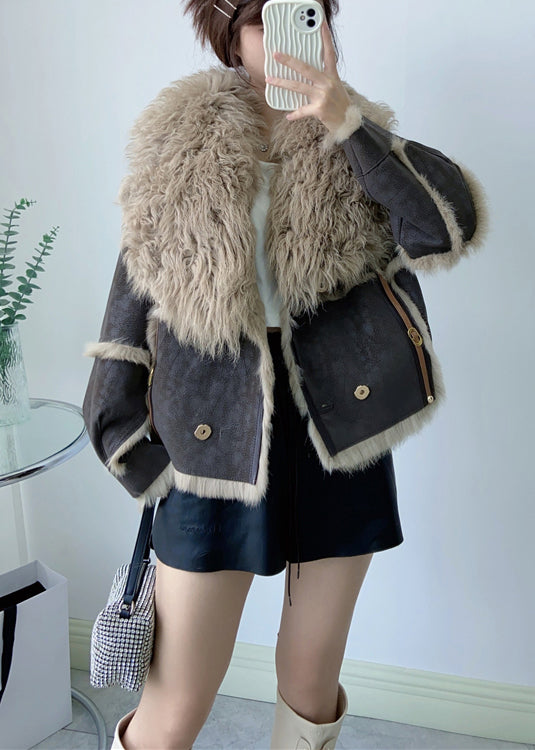 Chocolate Patchwork Leather and Fur Coats Wool Collar Winter