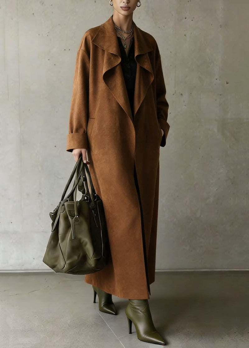 Stylish Brown Peter Pan Collar Pockets Faux Suede Long Coat Spring