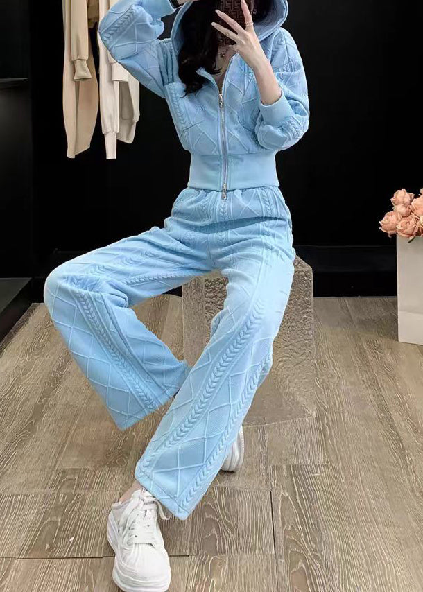 Blue Hooded Zippered Pockets Cotton Two Pieces Set Long Sleeve