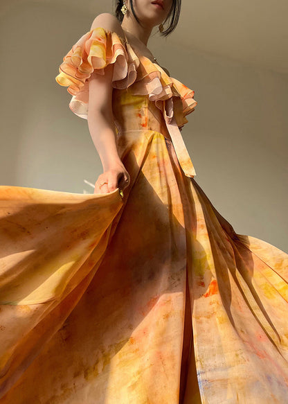 Style Yellow Print Patchwork Maxi Spaghetti Strap Dresses Short Sleeve