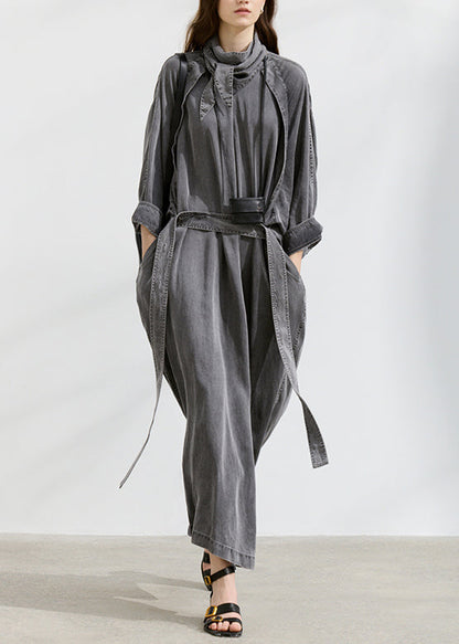 Grey Turtle Neck Pockets Lace Up Denim Long Dresses Fall