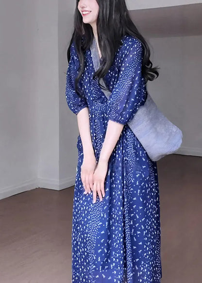French Blue V Neck Print Chiffon Long Dresses Summer