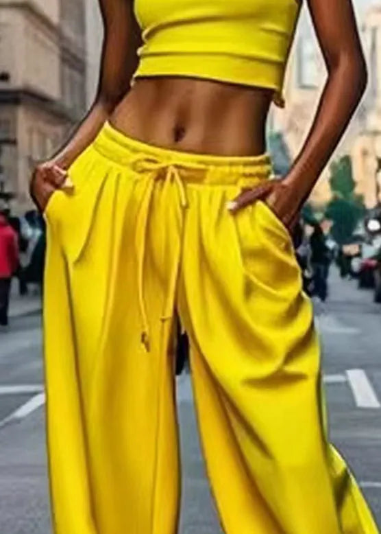 Yellow Pockets Patchwork Tie Waist Lantern Pants Summer