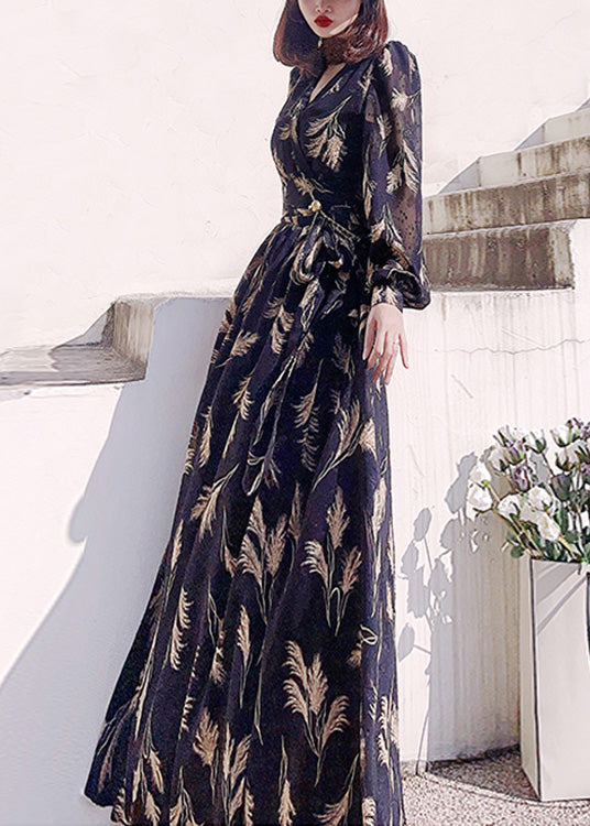 Black V Neck Print Slim Long Dress Long Sleeve