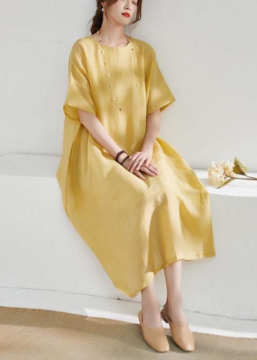 Italian Yellow Pockets Patchwork Summer Ramie Dress Half Sleeve