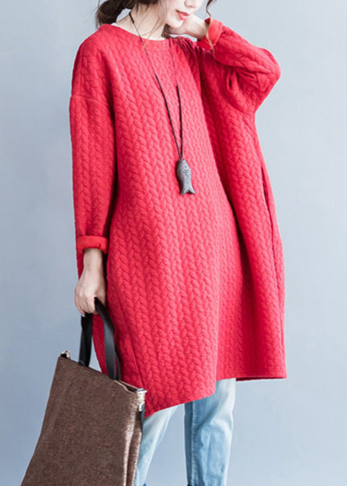 Loose Red Pockets Cotton Holiday Dress Spring