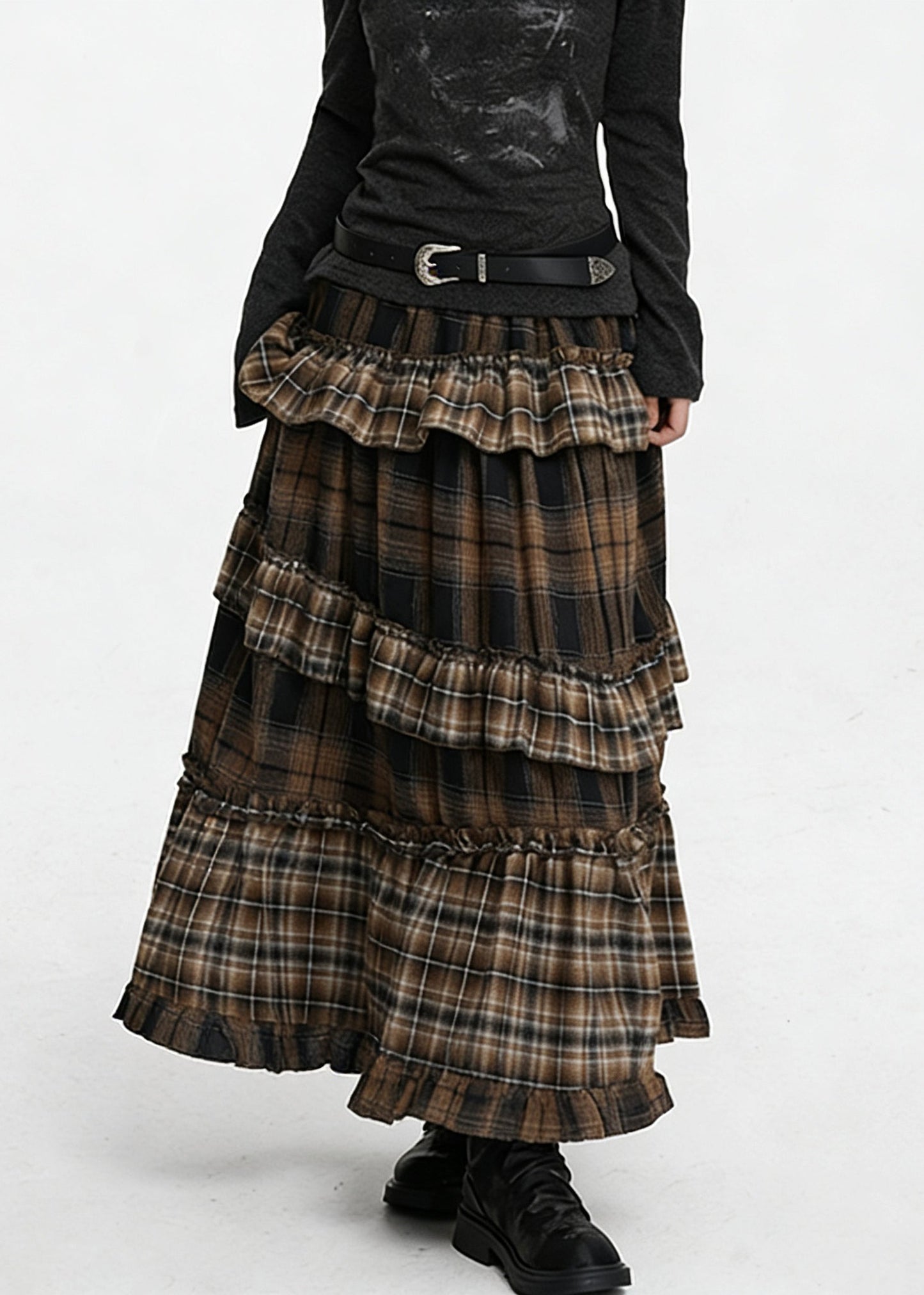 Coffee Ruffled Plaid Elastic Waist Cotton Skirts Spring