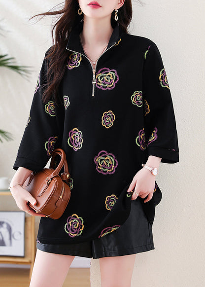 Black Zip Up Print Cotton Sweatshirts Top Fall