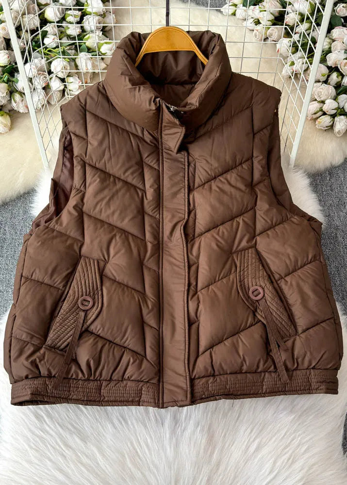 Coffee Stand Collar Pockets Patchwork Parka Waistcoat Winter