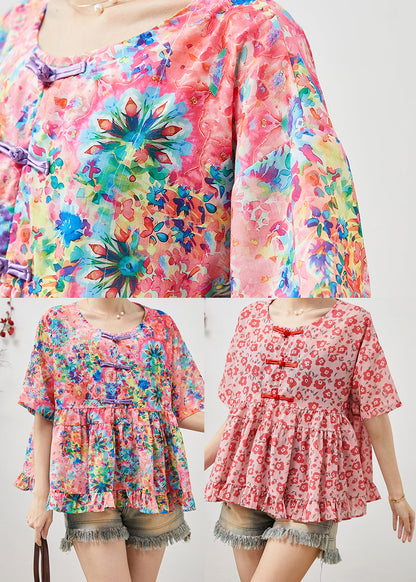 Red Cotton Blouses Chinese Button Summer