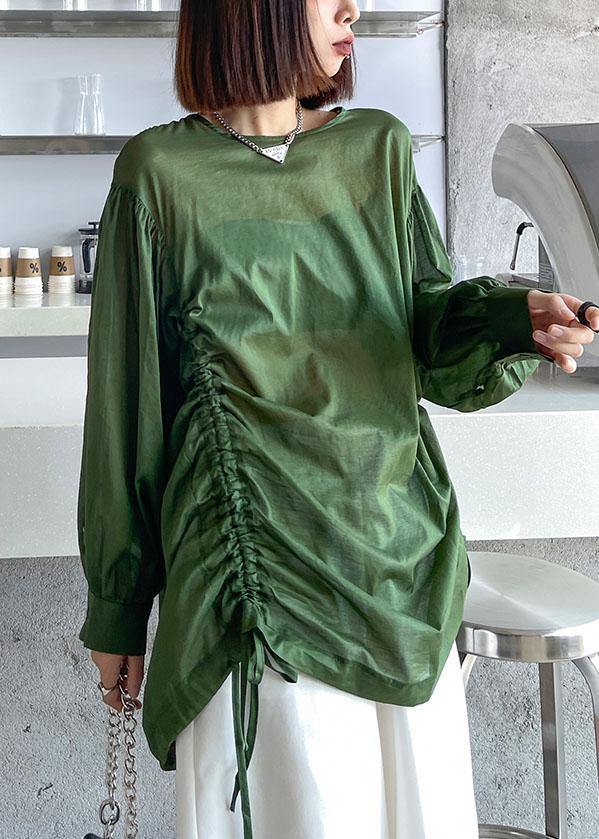 Green Pockets Drawstring Long Sleeve Summer Tops