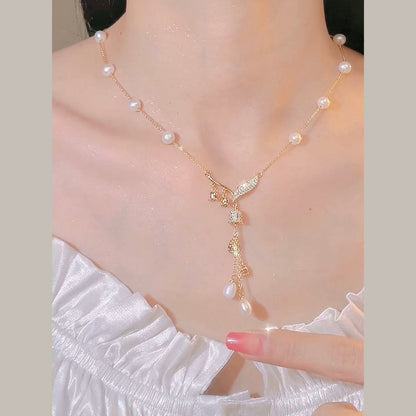 Gold Sterling Silver Overgild Pearl Zircon Bell Orchid Tassel Pendant Necklace