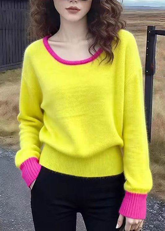 Yellow O-neck Patchwork Cotton Knit Sweater Spring