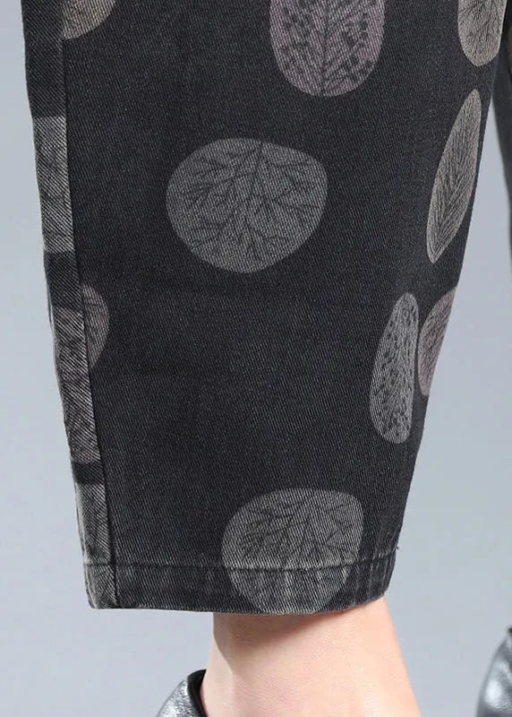 Black Print Pockets Elastic Waist Lantern Denim Pants Fall