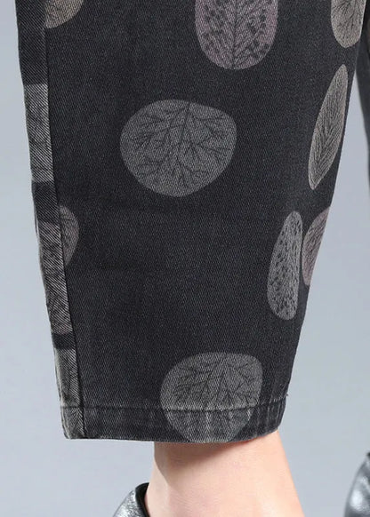Black Print Pockets Elastic Waist Lantern Denim Pants Fall