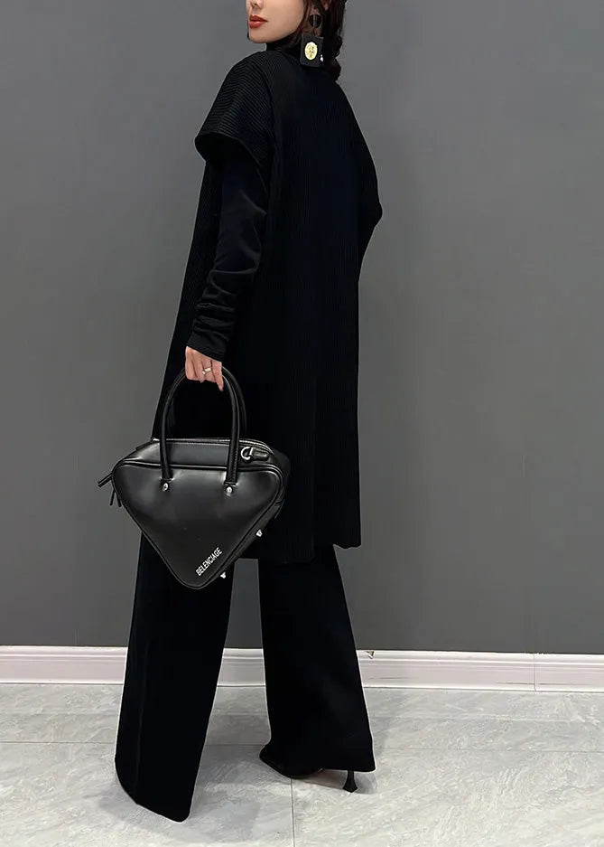 Black Turtleneck Knit Waistcoat and Pants Two Piece Set Winter