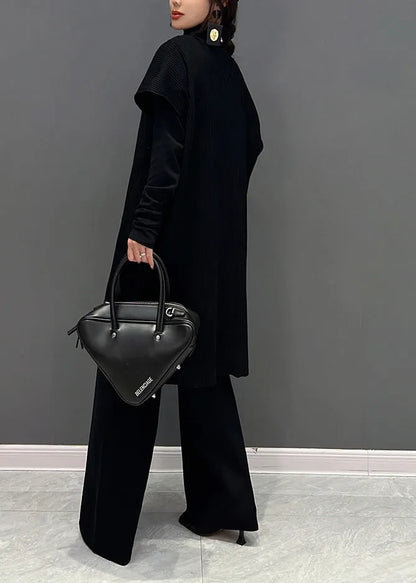 Black Turtleneck Knit Waistcoat and Pants Two Piece Set Winter