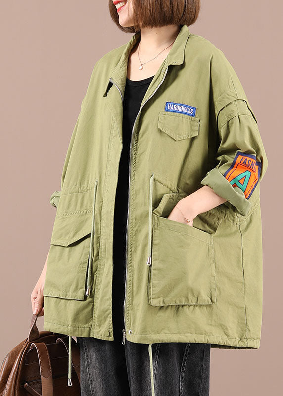 Organic Light Green Loose Zippered Pockets Fall Tie Waist Long Sleeve Coat