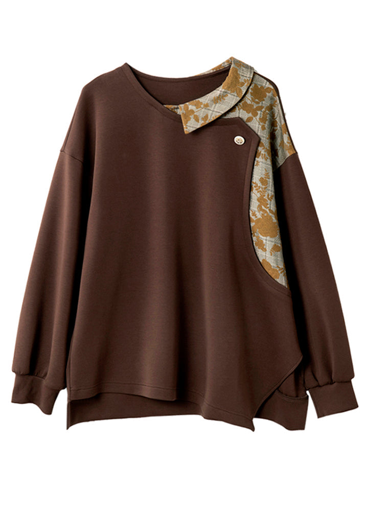 Loose Coffee O-neck Print Side Open Sweatshirts Spring