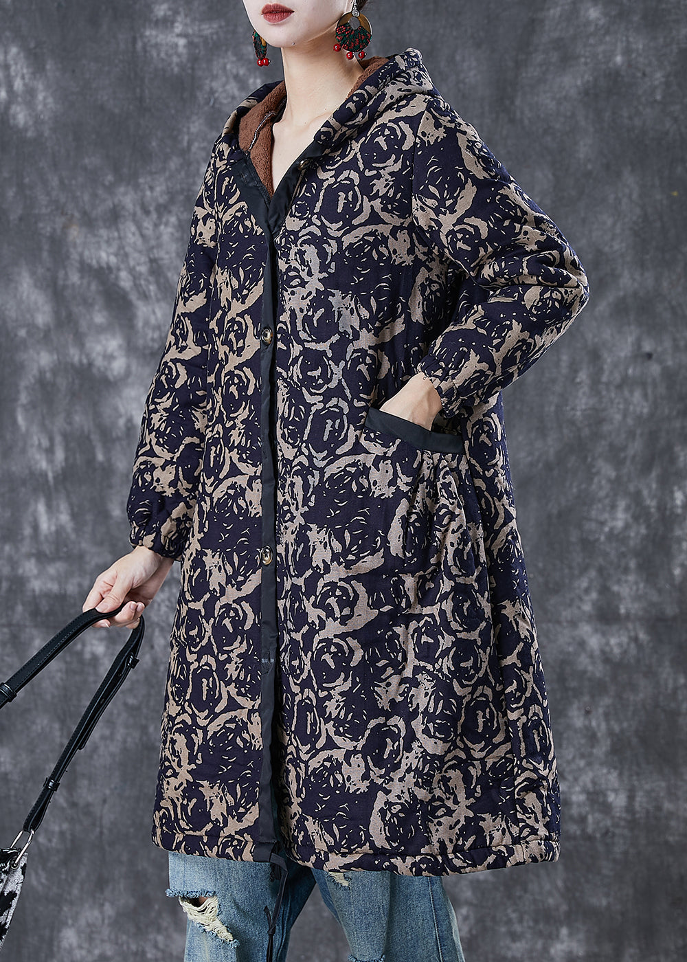 Diy Navy Hooded Print Warm Fleece Coats Winter