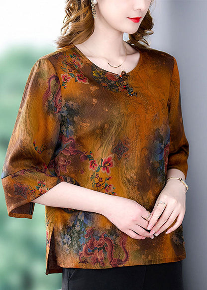 Chinese Style Yellow O-neck Oriental Button Print Silk Blouse Top Half Sleeve