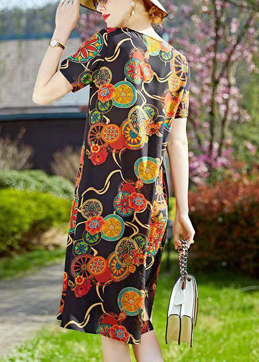 Black O-neck Print Wrinkled Silk Mid Dresses Short Sleeve