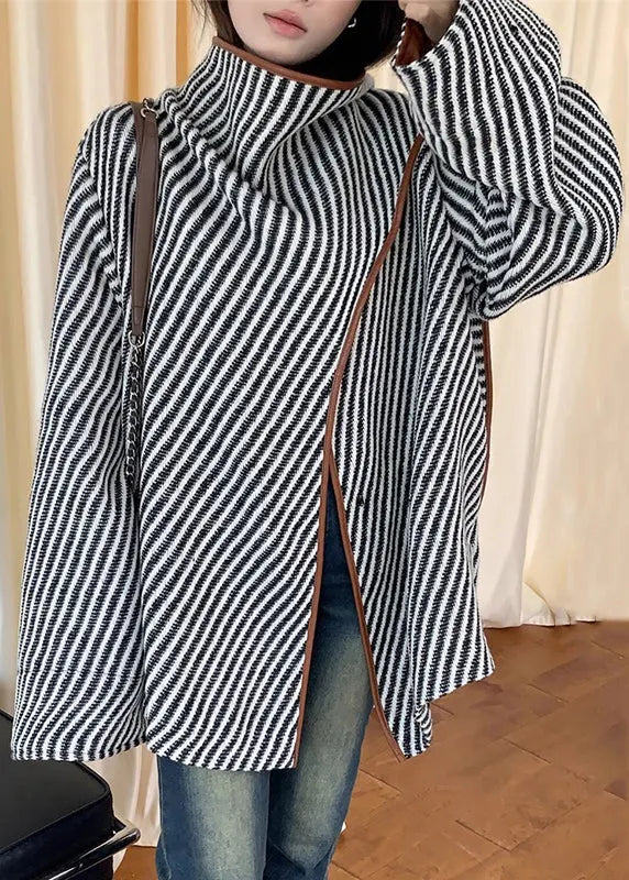 Loose Striped Asymmetrical Patchwork Woolen Coat Fall