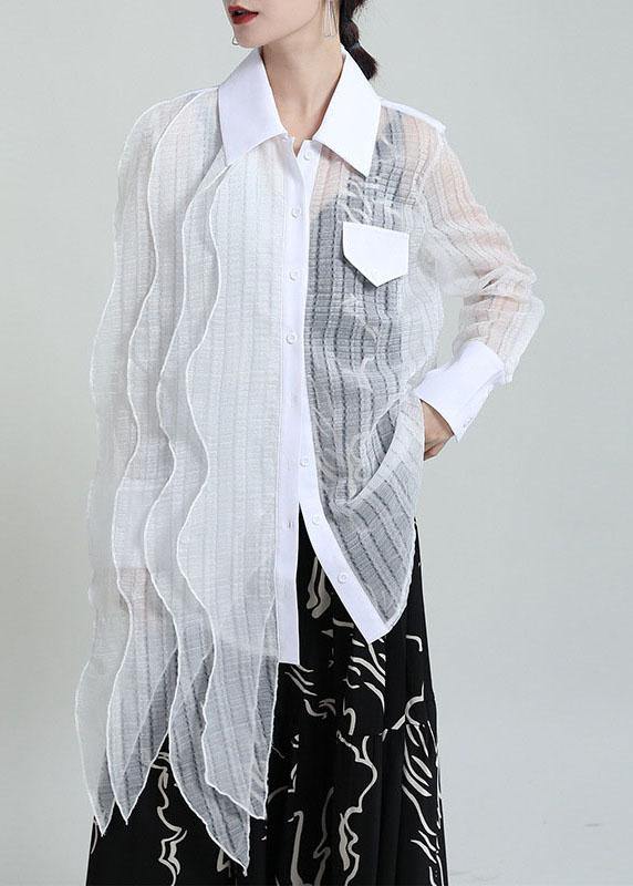 Boutique Black Peter Pan Collar Patchwork Asymmetrical Design Shirt Long Sleeve