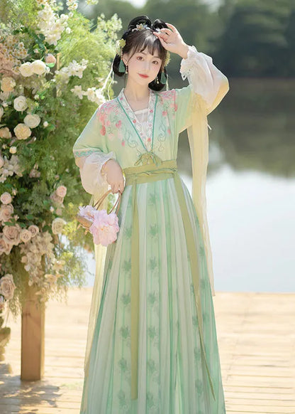 Chinese Style Light Green Embroideried Tops and Pleated Skirt Chiffontwo Pieces Set Fall