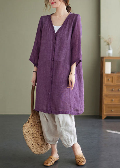 Purple V Neck Oversized Linen Long Cardigan Bracelet Sleeve