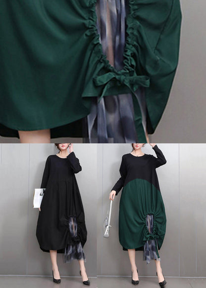 Green Hollow Out Tie Waist Long Dress Long Sleeve