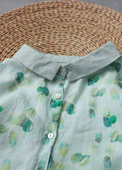 Light Green Peter Pan Collar Print Shirt Tops Long Sleeve