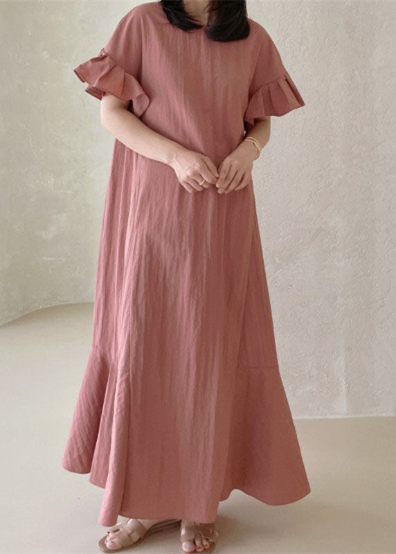 Pink O-neck Ruffled Patchwork Cotton Dresses Summer