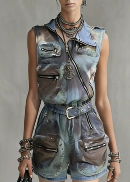 Peter Pan Collar Sashes Patchwork Jumpsuits Sleeveless