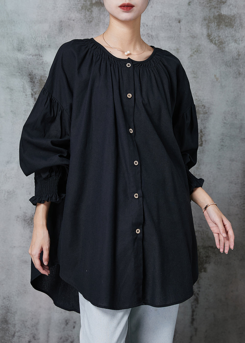 Black Oversized Cotton Shirts O-neck Lantern Sleeve