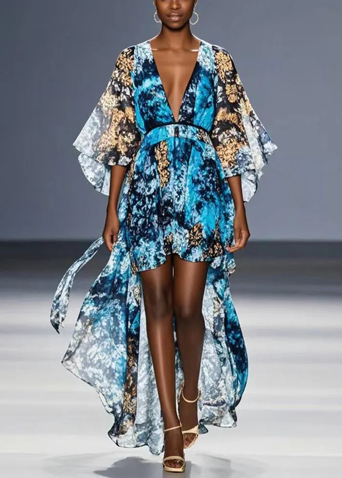 Blue Print Low High Design Chiffon Robe Dresses Summer