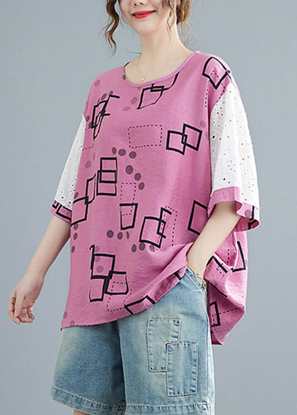 Modern Pink O-neck Hollow Out Print Patchwork Tank Tops Short Sleeve