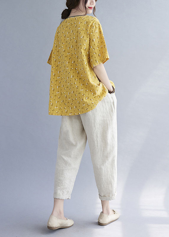 Fitted Yellow Pockets Print Asymmetrical Design Fall Shirt Tops Half Sleeve