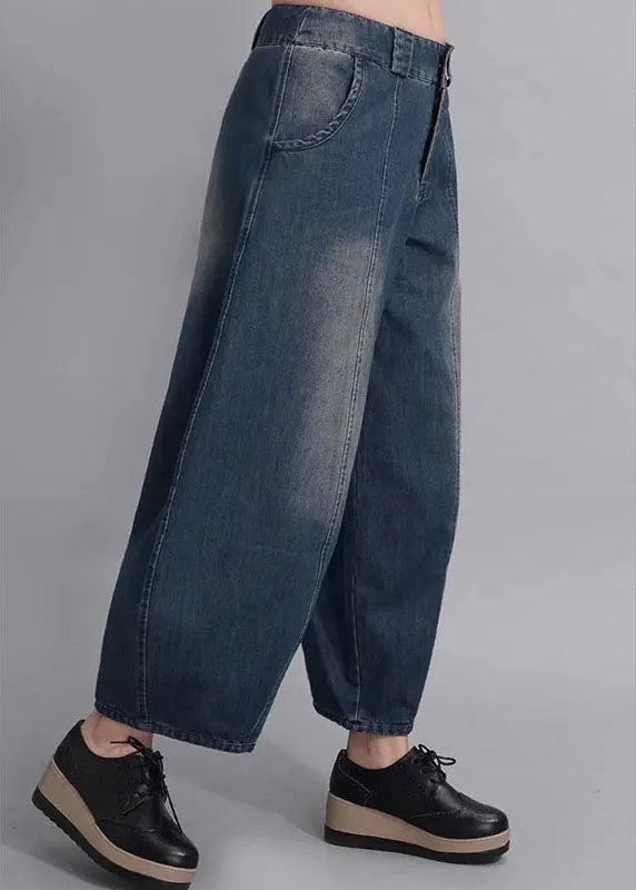 French Navy Button Pockets Lantern Fall Denim Pants