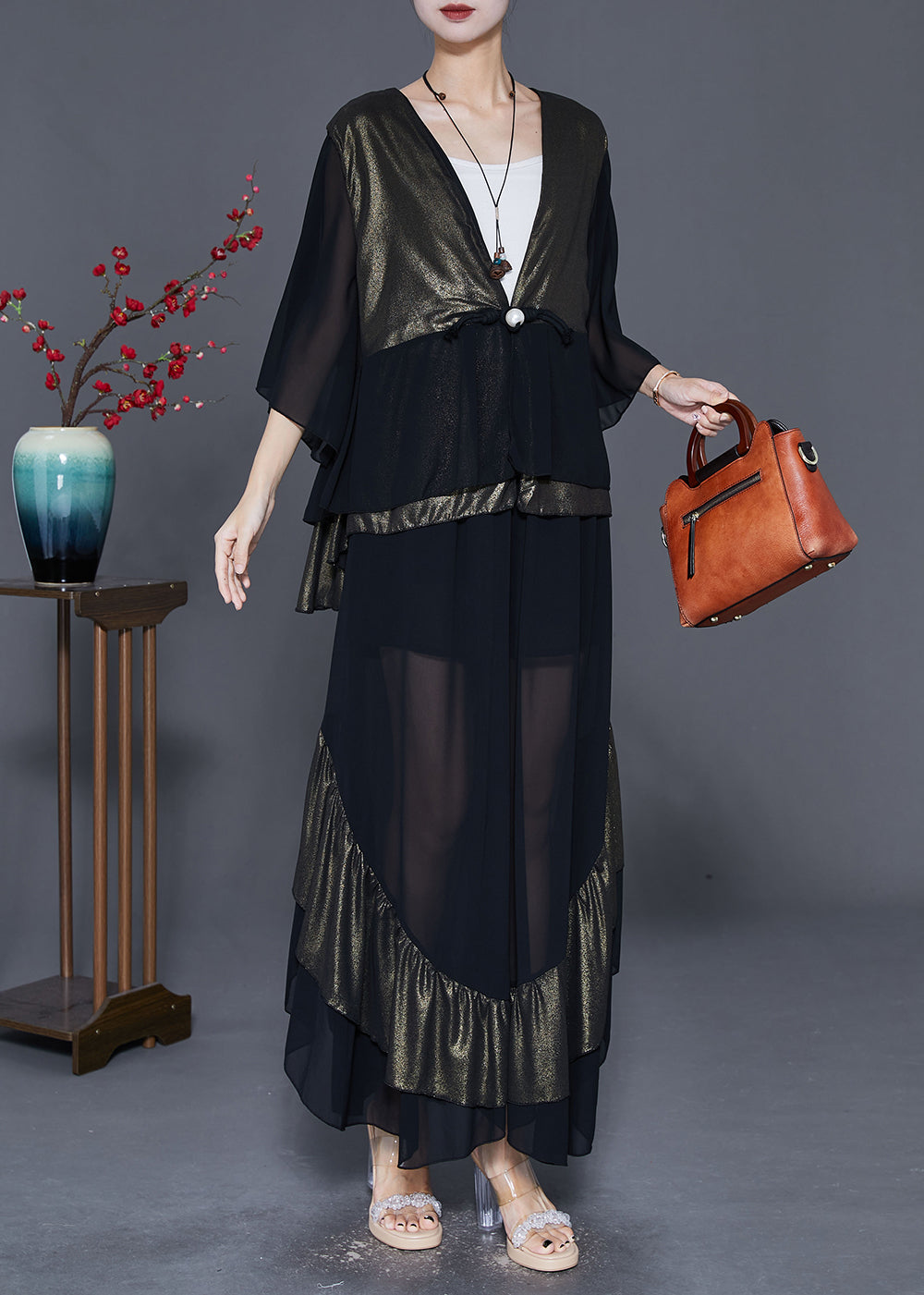 Colorblock Chinese Button Patchwork Ruffles Chiffon Two Pieces Set Fall