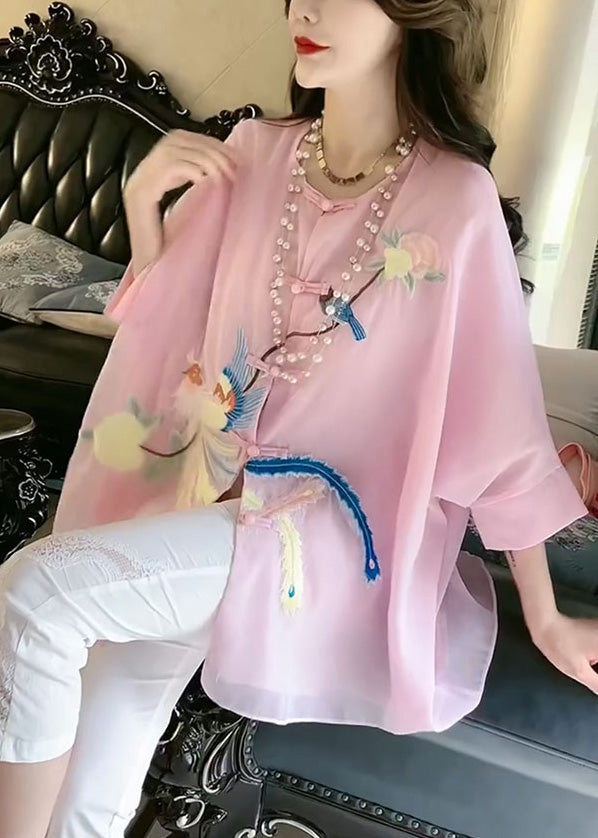 Fine Pink O-neck Embroideried Button Silk Shirt Summer