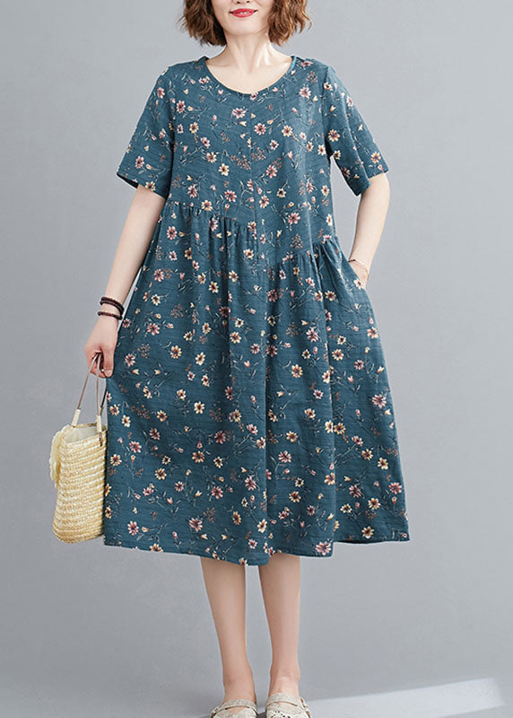 Lake Blue Wrinkled Print Cotton a Line Dresses Short Sleeve