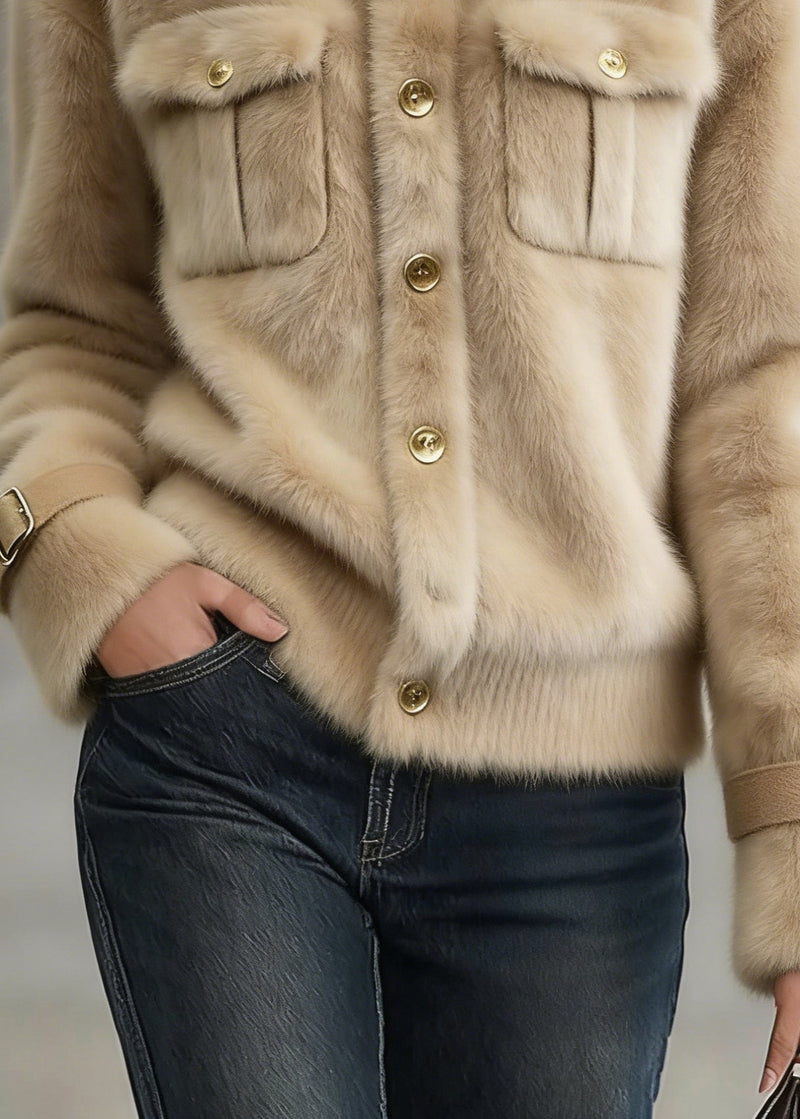 Khaki Stand Collar Pockets Faux Fur Coats Winter