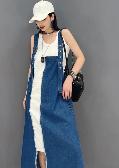 Denim Blue Asymmetrical Design Patchwork Cotton Fake Two Piece Strap Dress Summer