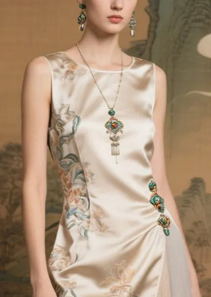 Champagne Jacquard Tulle Patchwork Silk Dresses Sleeveless