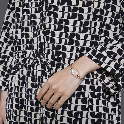 Black Cinched Print Silk Mid Dress Summer