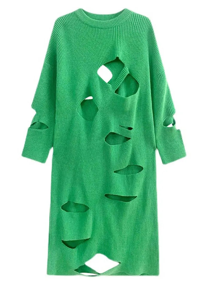 Novelty Green O-neck Cozy Knit Sweater Dress Spring