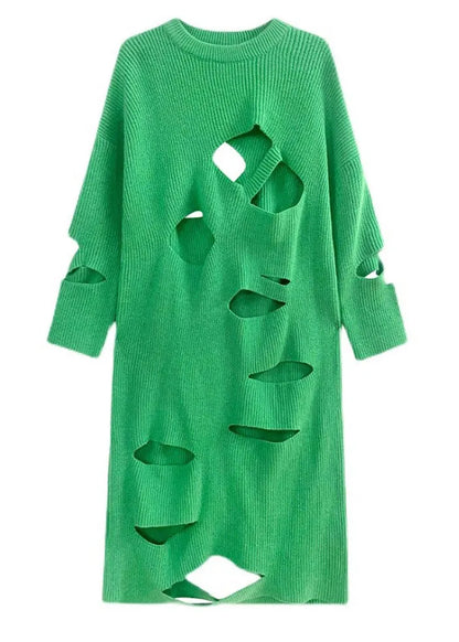 Novelty Green O-neck Cozy Knit Sweater Dress Spring