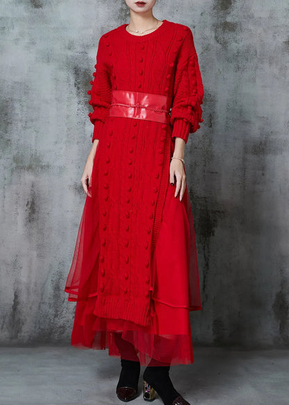 Red Fuzzy Ball Decorated Knit Dress Two Piece Suit Set Spring