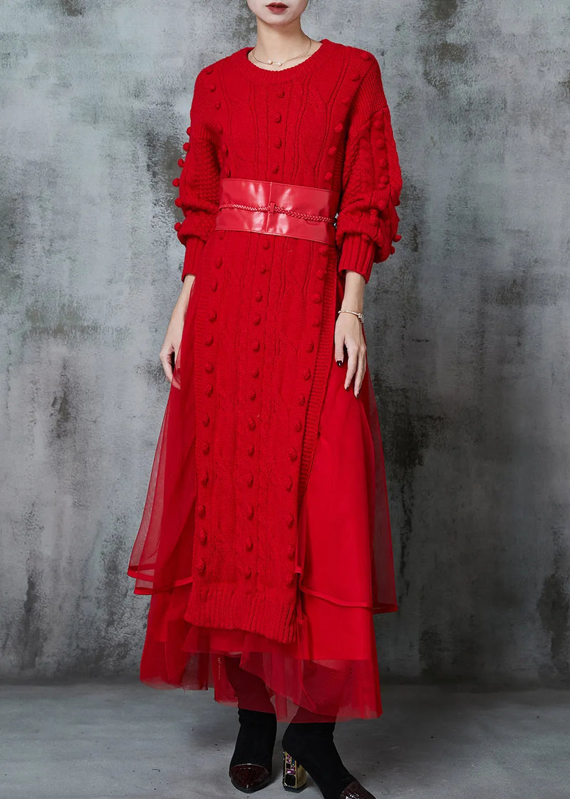 Red Fuzzy Ball Decorated Knit Dress Two Piece Suit Set Spring